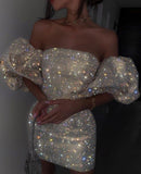 Sexy Sheath Off The Shoulder Sequin Short Mini Formal 7th Grade Homecoming Dresses Middle School Short Cocktail Night Dress Hoco Outfits HZ1121