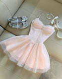 Unique A Line Spaghetti Straps Pink Tulle Short Mini Formal 8th Grade Homecoming Dresses Middle School Cocktail Night Dress Hoco Outfits HZ1121