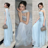 Elegant A line Strapless Light Sky Blue Tulle Prom Dresses Party Dress Summer 22th Birthday Outfits 18th Birthday Dresses HZ1121