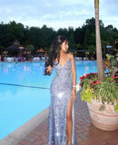 Elegant Sheath Spaghetti Straps Sequin Slit Prom Dresses Party Dress Summer 22th Birthday Outfits 18th Birthday Dresses HZ1121