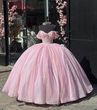 Princess Ball Gown Off The Shoulder Pink Tulle Long Quinceanera Dress Formal Gowns Vestido De 15 Anos Sweet 16 Dress HZ1121