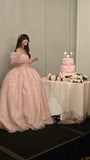 Modest Ball Gown Off The Shoulder Blush Pink Tulle Lace Long Quinceanera Dress Formal Gowns Vestido De 15 Anos Sweet 16 Dress HZ1121
