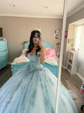 Modest Ball Gown Off The Shoulder Blue Tulle Lace Long Quinceanera Dress Formal Gowns Vestido De 15 Anos Sweet 16 Dress HZ1121