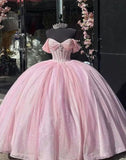 Princess Ball Gown Off The Shoulder Pink Tulle Long Quinceanera Dress Formal Gowns Vestido De 15 Anos Sweet 16 Dress HZ1121