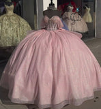 Princess Ball Gown Off The Shoulder Pink Tulle Long Quinceanera Dress Formal Gowns Vestido De 15 Anos Sweet 16 Dress HZ1121