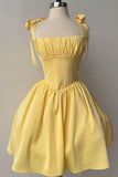 Sexy A Line Spaghetti Straps Yellow Satin Grad Dress Inspo Short Mini Formal 8th Grade Homecoming Dresses High School Hoco Court Dress Graduation Dress Cocktail Dress Birthday Outfits HZ1121