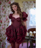 Vintage Ball Gown Sweetheart Burgundy Satin Grad Dress Inspo Short Mini Formal 8th Grade Homecoming Dresses High School Hoco Court Dress Graduation Dress Cocktail 18th Birthday Outfits HZ1121