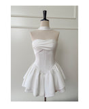 Pretty A Line Strapless Satin White Grad Dress Inspo Short Mini Formal 8th Grade Homecoming Dresses Middle School Hoco Court Dress Graduation Dress Cocktail Outfits HZ1121