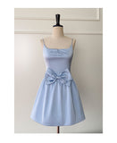 Cute A line Spaghetti Straps Satin Blue Short Grad Dress Inspo Short Mini Formal 8th Grade Homecoming Dresses High School Hoco Court Dress Graduation Dress 18th Birthday Outfits HZ1121