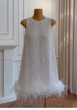 Cute A line Scoop Neck Sequin White Short Grad Dress Inspo Short Mini Formal 8th Grade Homecoming Dresses High School Hoco Court Dress Graduation Dress 18th Birthday Outfits HZ1121