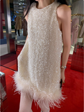 Cute A line Scoop Neck Sequin White Short Grad Dress Inspo Short Mini Formal 8th Grade Homecoming Dresses High School Hoco Court Dress Graduation Dress 18th Birthday Outfits HZ1121
