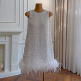 Cute A line Scoop Neck Sequin White Short Grad Dress Inspo Short Mini Formal 8th Grade Homecoming Dresses High School Hoco Court Dress Graduation Dress 18th Birthday Outfits HZ1121