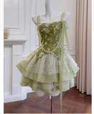 Vintage Ball Gown Spaghetti Straps Green Satin Grad Dress Inspo Short Mini Formal 8th Grade Homecoming Dresses High School Hoco Court Dress Graduation Dress Cocktail Outfits HZ1121