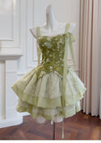 Vintage Ball Gown Spaghetti Straps Green Satin Grad Dress Inspo Short Mini Formal 8th Grade Homecoming Dresses High School Hoco Court Dress Graduation Dress Cocktail Outfits HZ1121