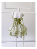 Vintage Ball Gown Spaghetti Straps Green Satin Grad Dress Inspo Short Mini Formal 8th Grade Homecoming Dresses High School Hoco Court Dress Graduation Dress Cocktail Outfits HZ1121