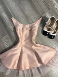 Cute A line Scoop Pink Satin Short Mini Formal 8th Grade Homecoming Dresses Middle School Short Cocktail Dress Hoco Outfits HZ1121