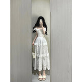 Vintage A line Square Neck White Lace Long Summer 18th Birthday Dress Party Dress Birthday Outfits Evening Dresses HZ1121