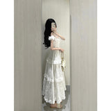 Vintage A line Square Neck White Lace Long Summer 18th Birthday Dress Party Dress Birthday Outfits Evening Dresses HZ1121