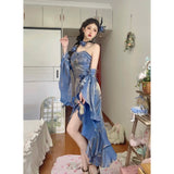 Vintage Mermaid Spaghetti Straps Blue Long Summer 19th Birthday Dress Lolita Dresses Birthday Outfits HZ1121