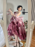 Vintage Ball Gown Spaghetti Straps Chiffon Summer 18th Birthday Dress High Low Ombre Pink Lolita Dress 18th Birthday Outfits HZ1121