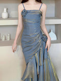 Vintage Mermaid Spaghetti Straps Blue Long Summer 18th Birthday Dress Party Dress Birthday Outfits Evening Dresses HZ1121