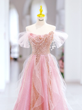 Cute A line Off The Shoulder Sequin Pink Tulle Long Evening Party Gowns Evening Dress Special Formal Dresses Prom Dress HZ1121