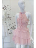 Pretty A Line High Neck Sleeveless Pink Chiffon Short Mini Formal 8th Grade Homecoming Dresses Summer Middle School Hoco Dress Homecoming Outfits HZ1121