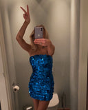 Pretty Sheath Strapless Royal Blue Sequin Short Formal Homecoming Dresses Middle School Short 21st Birthday Outfits Graduation Dress Mini Cocktail Dresses HZ1121